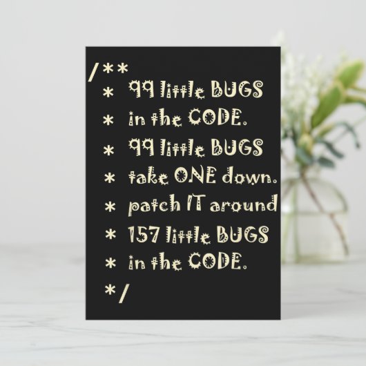 99 bugs in Code Software Funny Engineer Tester Bedankkaart (Staand voorkant)