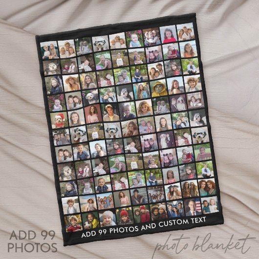 99 foto-collageraster met tekst - zwart fleece deken
