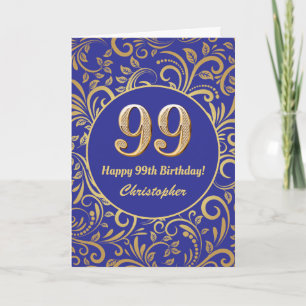 99e Birthday Navy Blue en Gold Floral Pattern Kaart