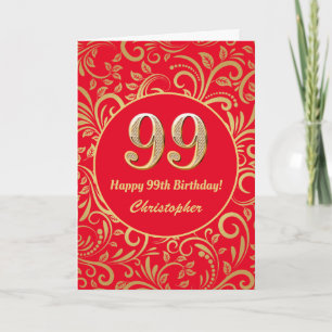 99e Birthday Red en Gold Floral Pattern Kaart