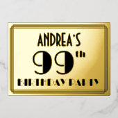 99e verjaardag — Art Deco Kijk "99" + Naam Folie Uitnodiging (Voorkant)