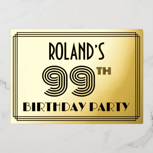 99e verjaardag — Art Deco Style "99" en naam Folie Uitnodiging (Voorkant)