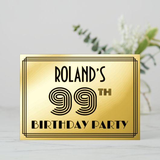 99e verjaardag — Art Deco Style "99" en naam Folie Uitnodiging (Staand Voorkant)
