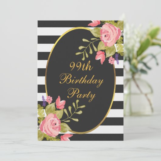 99e Verjaardag Bloemen Zwart Witte Strepen Gouden  Kaart (Staand voorkant)