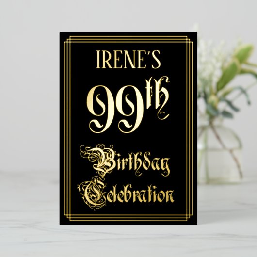 99e verjaardag — Fancy script en aangepaste naam Folie Uitnodiging (Staand Voorkant)