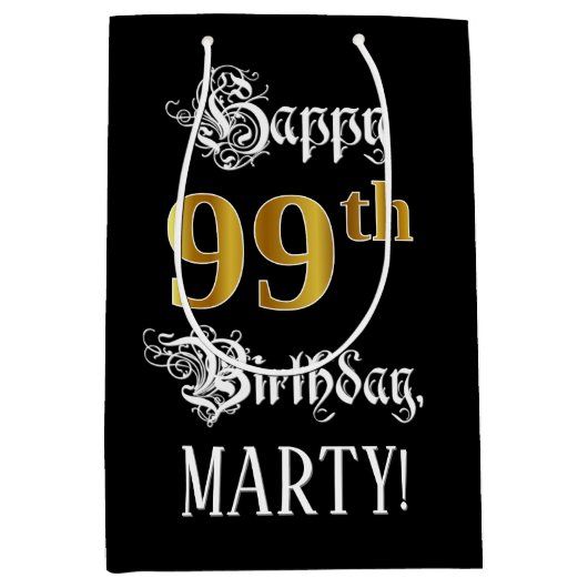 99e verjaardag ~ Fancy script; Faux Gold look; naa Medium Cadeauzakje (Voorkant)