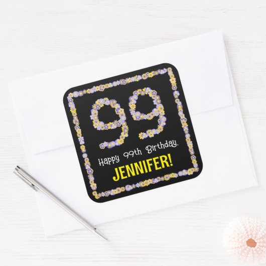 99e verjaardag: Floral Flowers Number, Custom Name Vierkante Sticker (Envelop)