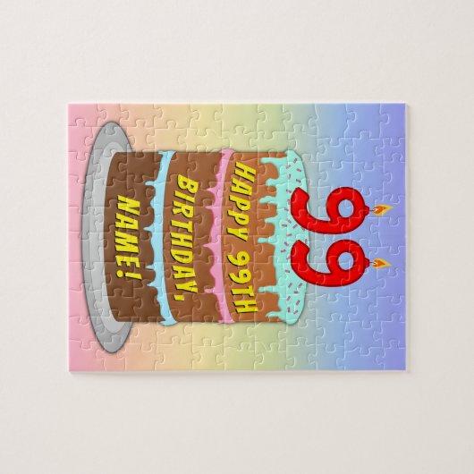 99e verjaardag: Fun Cake and Candles + Custom Name Legpuzzel (Horizontaal)