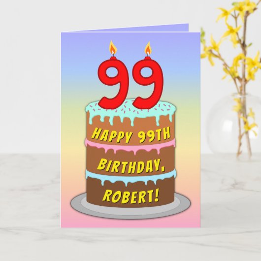 99e verjaardag — Fun Cake & Candles, w/ Eigen naam Kaart (Gele Bloem)