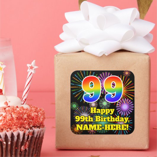 99e verjaardag: Fun Fireworks Kijk, regenboog # 99 Vierkante Sticker (Feest)