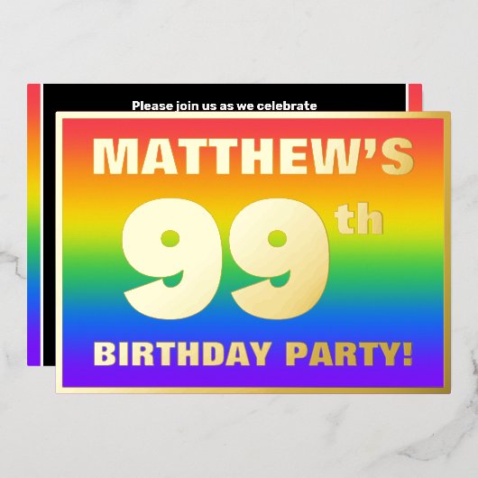 99e verjaardag: Fun, kleurrijk regenboogpatroon Folie Uitnodiging (Voorkant / Achterkant)