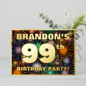 99e verjaardag — Fun, kleurrijke Fireworks look Folie Uitnodiging (Staand Voorkant)