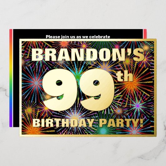 99e verjaardag — Fun, kleurrijke Fireworks look Folie Uitnodiging (Voorkant / Achterkant)
