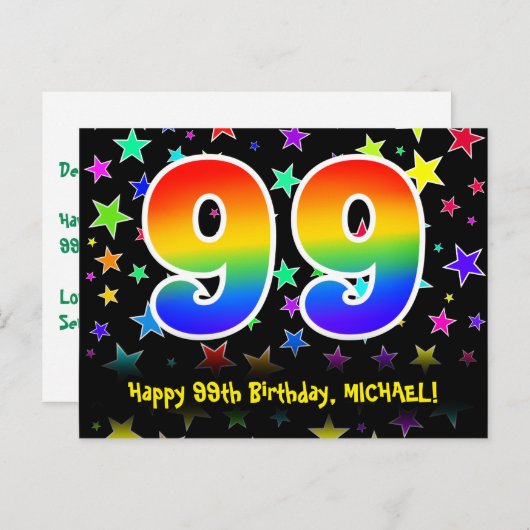 99e verjaardag: Fun Stars Pattern, Rainbow 99, naa Briefkaart (Voorkant / Achterkant)