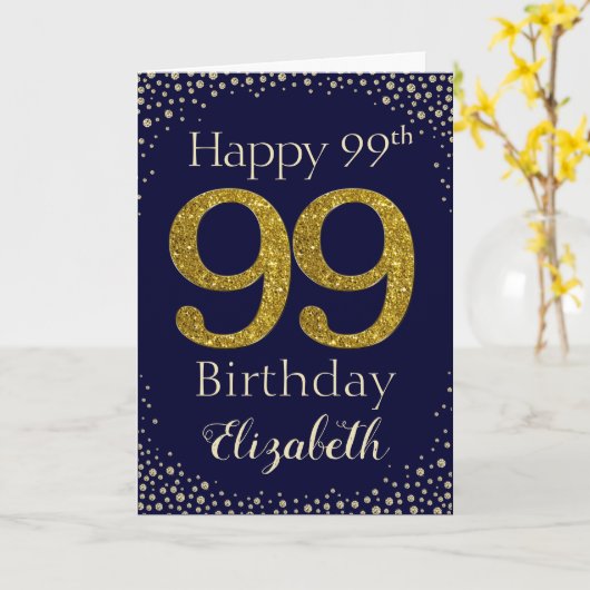 99e verjaardag Golden Glitter Kaart (Gele Bloem)