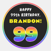 99e verjaardag: kleurrijke regenboog # 99, Naam va Ronde Sticker (Voorkant)