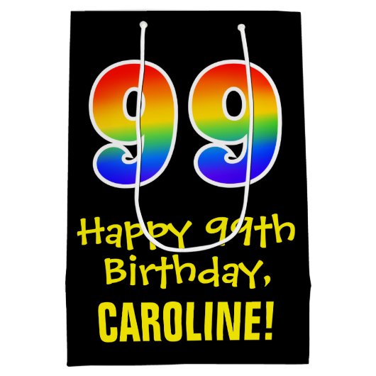 99e verjaardag: Leuk, Vet, Kleurrijk, Regenboog "9 Medium Cadeauzakje (Achterkant)