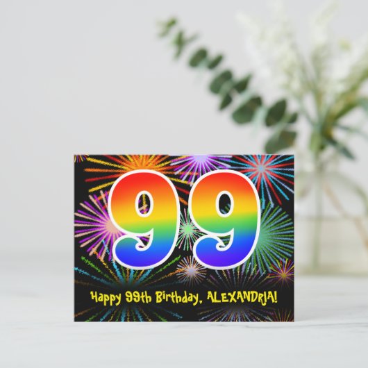 99e verjaardag – leuk vuurwerkpatroon + regenboog  briefkaart (Staand voorkant)