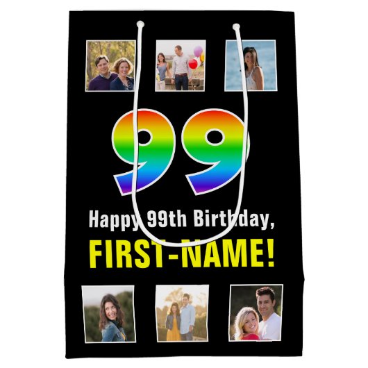 99e verjaardag: Regenboog "99", aangepaste foto's Medium Cadeauzakje (Achterkant)