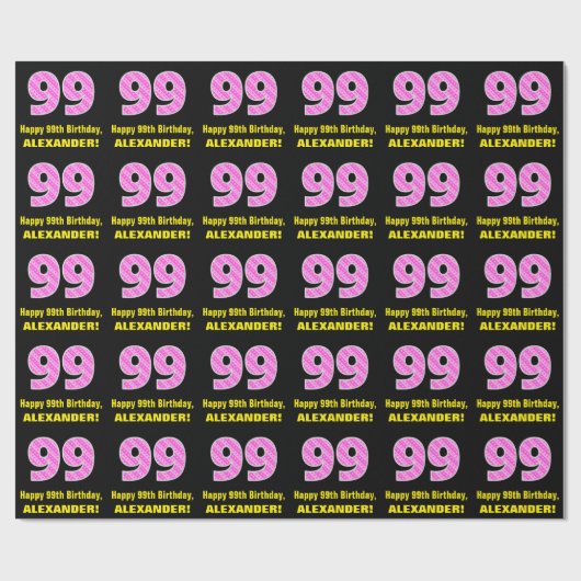 99e verjaardag: Roze strepen en hart "99" + naam Cadeaupapier (Vlak)