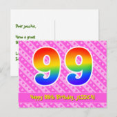 99e verjaardag: Roze strips & harten, Regenboog 99 Briefkaart (Voorkant / Achterkant)