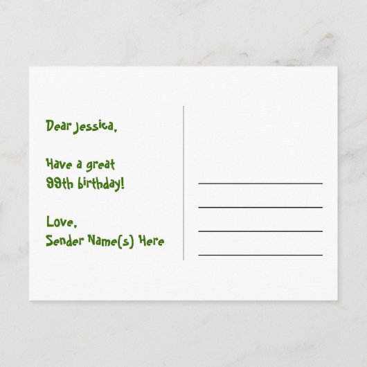 99e verjaardag: Roze strips & harten, Regenboog 99 Briefkaart (Achterkant)