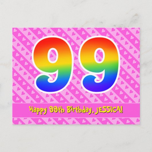 99e verjaardag: Roze strips & harten, Regenboog 99 Briefkaart (Voorkant)