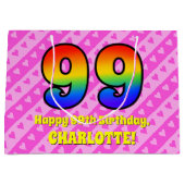 99e verjaardag: Roze strips & harten, regenboognr. Groot Cadeauzakje (Voorkant)