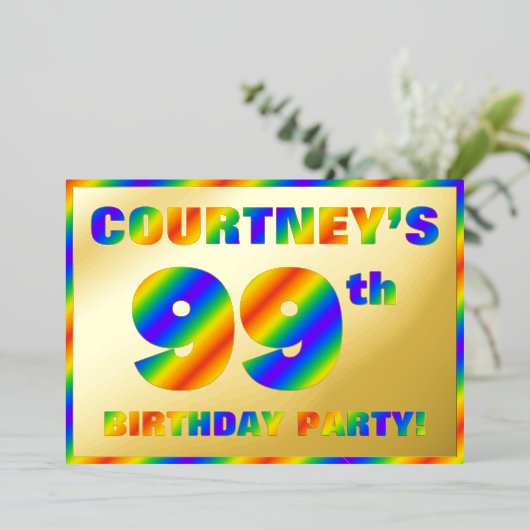 99e verjaardag van de geboorte - Fun, regenboogspe Folie Uitnodiging (Staand Voorkant)