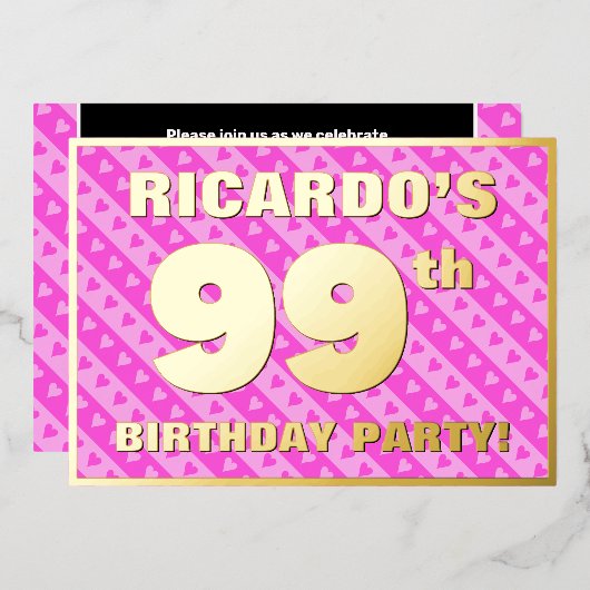 99e verjaardag van de Vogelroze harten en strips Folie Uitnodiging (Voorkant / Achterkant)