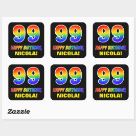 99e verjaardag: Vet, Vun, Eenvoudig, Regenboog 99 Vierkante Sticker