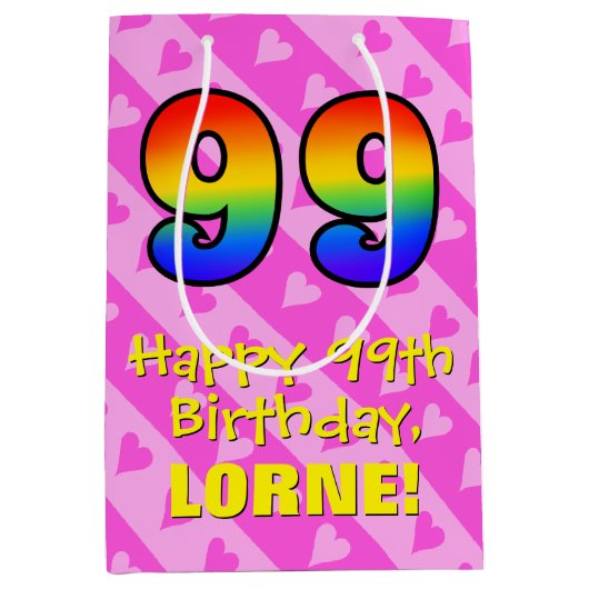 99e verjaardag: vuurroze kunststaven; regenboog 99 medium cadeauzakje (Voorkant)
