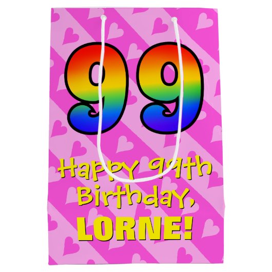 99e verjaardag: vuurroze kunststaven; regenboog 99 medium cadeauzakje (Achterkant)