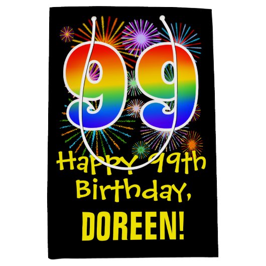 99e verjaardag: Vuurwerk Fun Pattern + Regenboog 9 Medium Cadeauzakje (Voorkant)