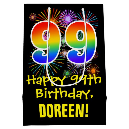 99e verjaardag: Vuurwerk Fun Pattern + Regenboog 9 Medium Cadeauzakje (Achterkant)