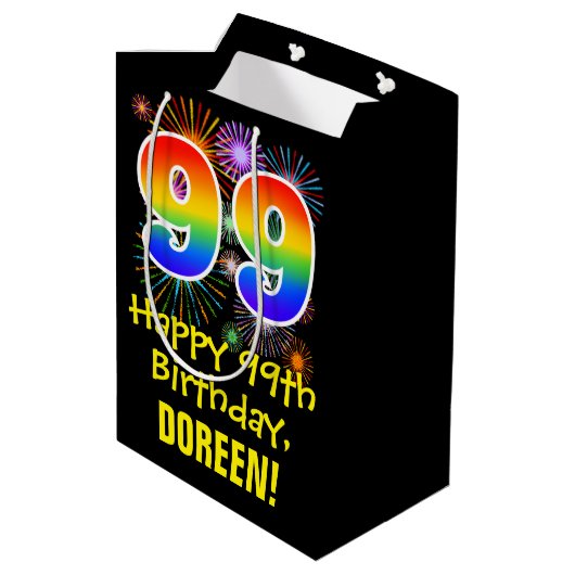 99e verjaardag: Vuurwerk Fun Pattern + Regenboog 9 Medium Cadeauzakje (Achterkant Gekanteld)