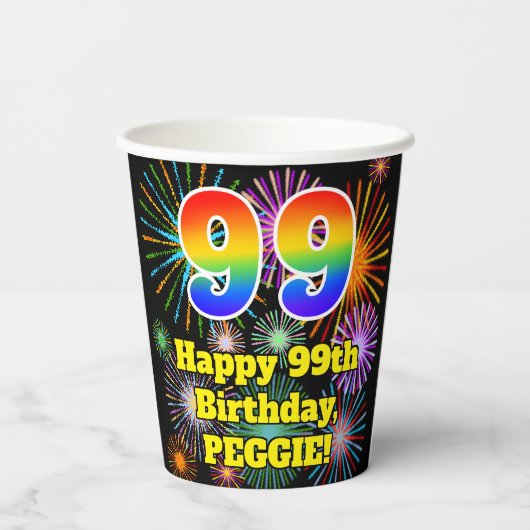 99e verjaardag: Vuurwerk Fun Pattern + Regenboog 9 Papieren Bekers (Achterkant)