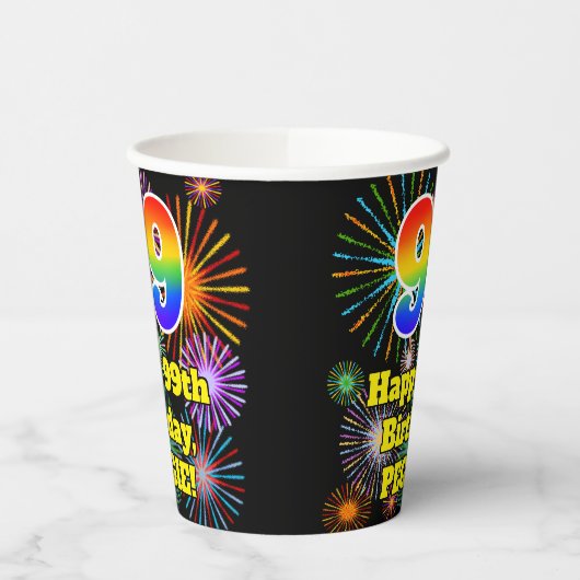 99e verjaardag: Vuurwerk Fun Pattern + Regenboog 9 Papieren Bekers (Links)