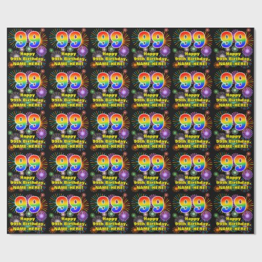 99e verjaardag: vuurwerk, regenboogblik # "99" cadeaupapier (Vlak)