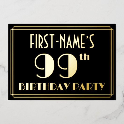 99ste verjaardag: Art Deco Kijk "99", met naam Folie Uitnodiging (Voorkant)