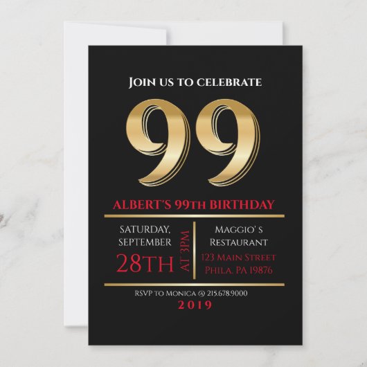 99th Birthday Gold Black Party Invitation Kaart (Voorkant)