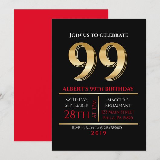 99th Birthday Gold Black Party Invitation Kaart (Voorkant / Achterkant)
