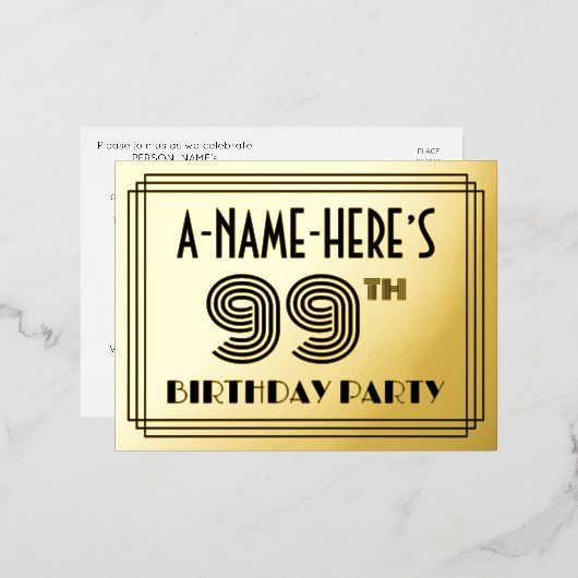 99th Birthday Party ~ Art Deco Style "99" + naam Folie Uitnodiging Briefkaart (Voorkant / Achterkant)