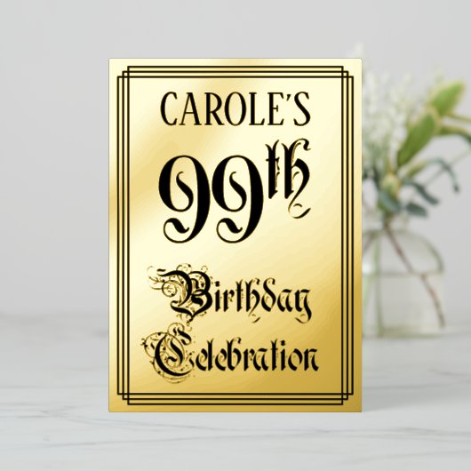 99th Birthday Party — Elegant Script + aangepaste  Folie Uitnodiging (Staand Voorkant)