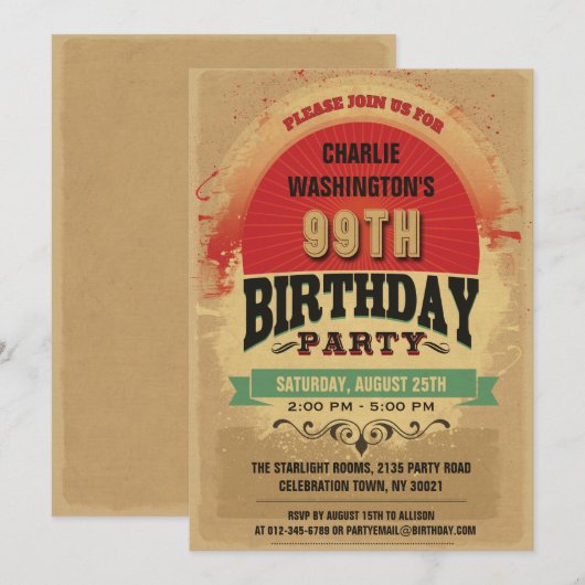 99th Birthday  Typography Grunge Kaart (Voorkant / Achterkant)