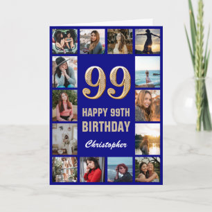 99th Happy Birthday Navy Blue & Gold Photo Collage Kaart