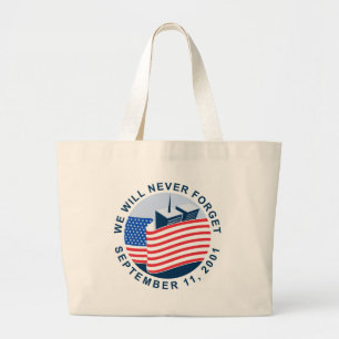 9/11 gedenkteken met amerikaanse vlag en dubbele t grote tote bag