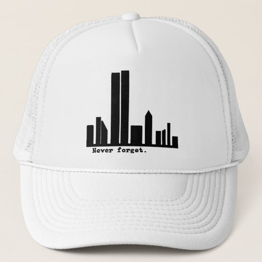 9-11 Vergeet NY Skyline Tshirts, Buttonnen nooit Trucker Pet (Voorkant)