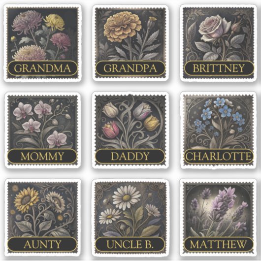 9 Aangepaste namen van gastenlijsten Flowers Antie Sticker (Voorkant)