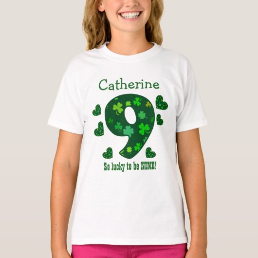 9 Birthday Girl Shamrock Number Custom Name V22A T-shirt (Voorkant)